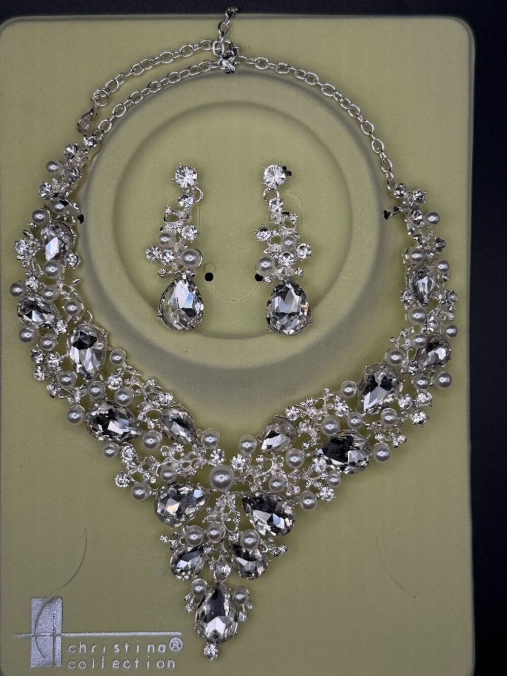 Christina Collection Silver Tone Crystal Faux Pearl Statement Necklace & Earring